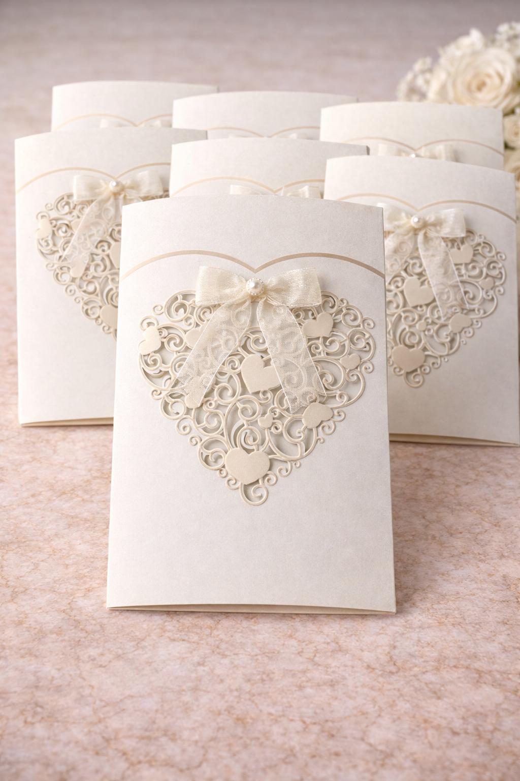 Faire-part mariage luxe ivoire – carte élégante découpée cœur avec ruban satin (lot de 25)