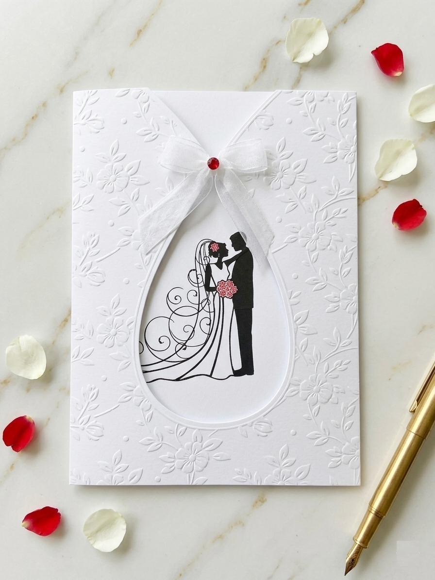 Faire-part mariage élégant couple – carte romantique avec ruban satin et illustration mariés (lot de 25)