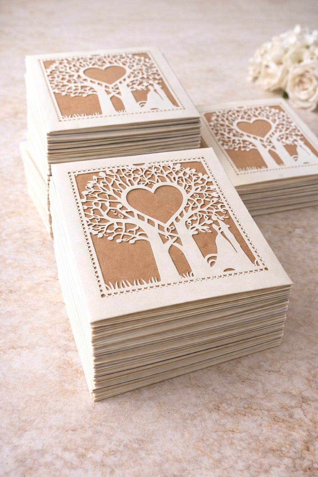 Faire-part mariage original arbre cœur – carte élégante découpée style kraft romantique (lot de 25)