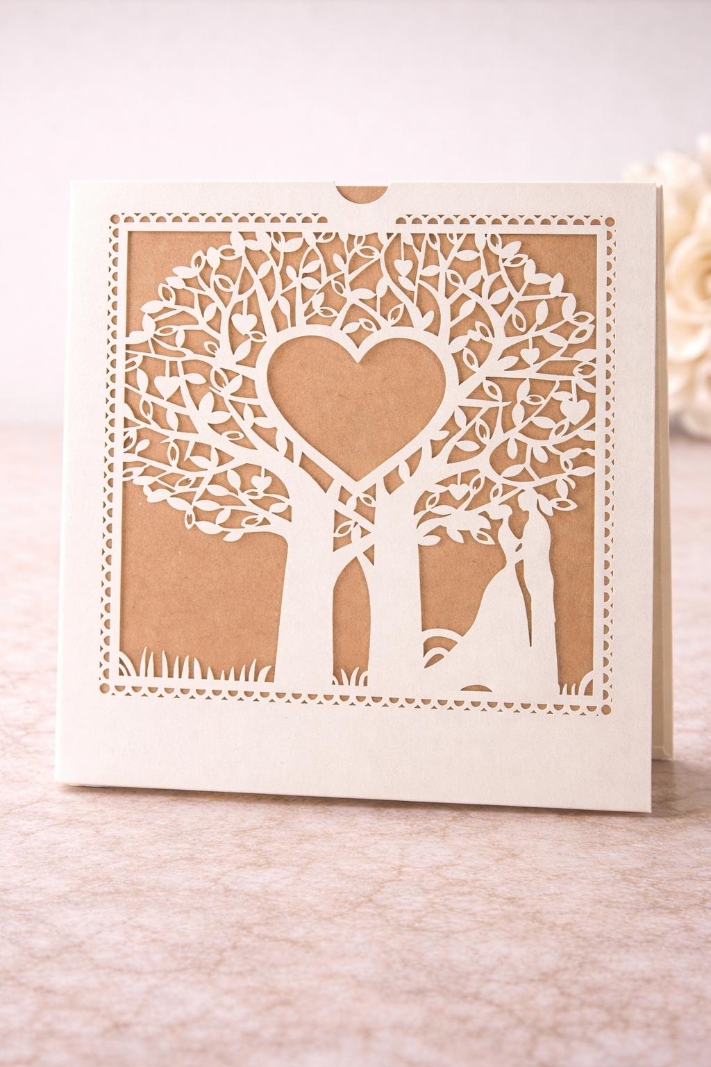 Faire-part mariage original arbre cœur – carte élégante découpée style kraft romantique (lot de 25)