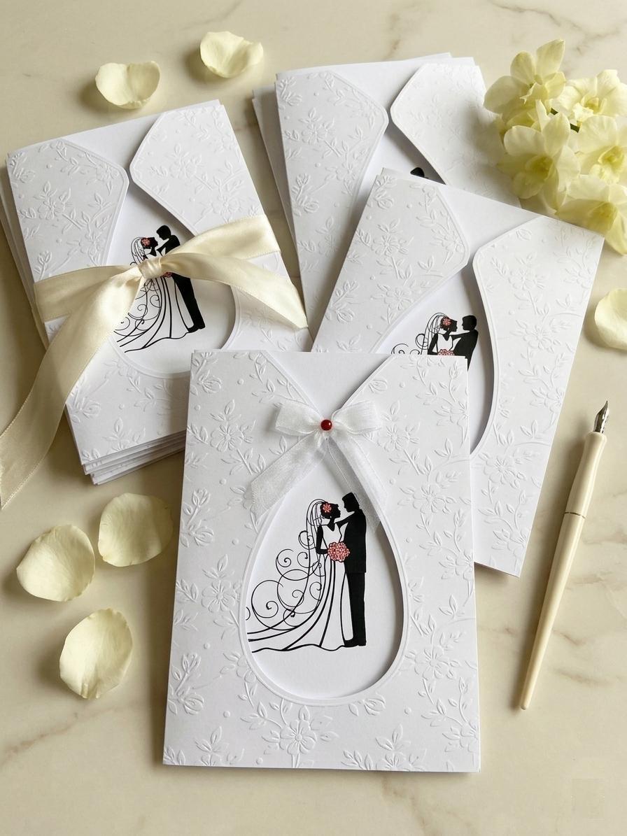 Faire-part mariage élégant couple – carte romantique avec ruban satin et illustration mariés (lot de 25)