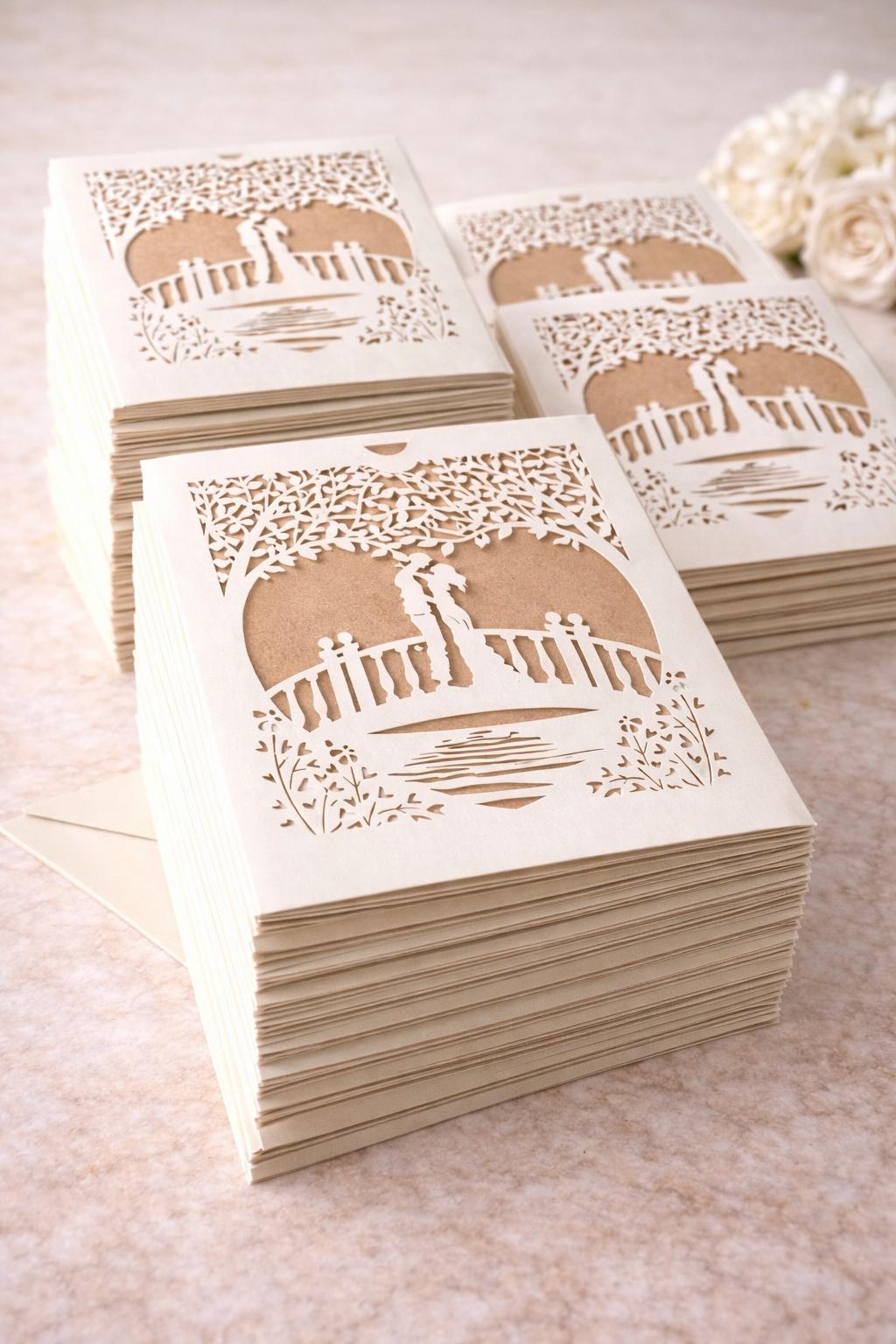 Faire-part mariage romantique pont des amoureux – carte élégante découpée style kraft (lot de 25)