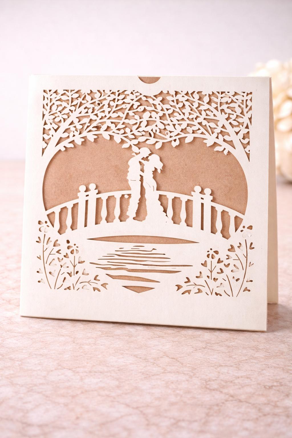 Faire-part mariage romantique pont des amoureux – carte élégante découpée style kraft (lot de 25)