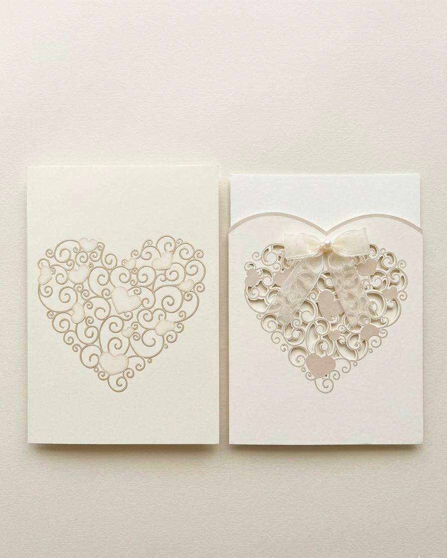 Faire-part mariage luxe ivoire – carte élégante découpée cœur avec ruban satin (lot de 25)