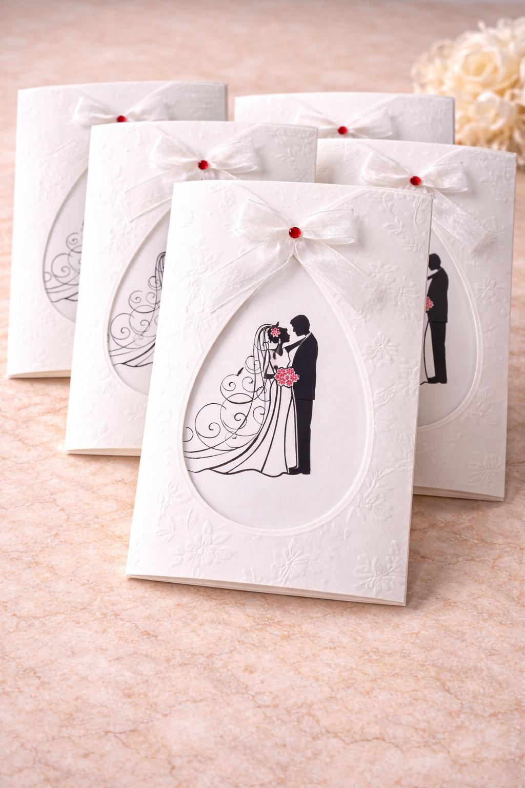 Faire-part mariage élégant couple – carte romantique avec ruban satin et illustration mariés (lot de 25)