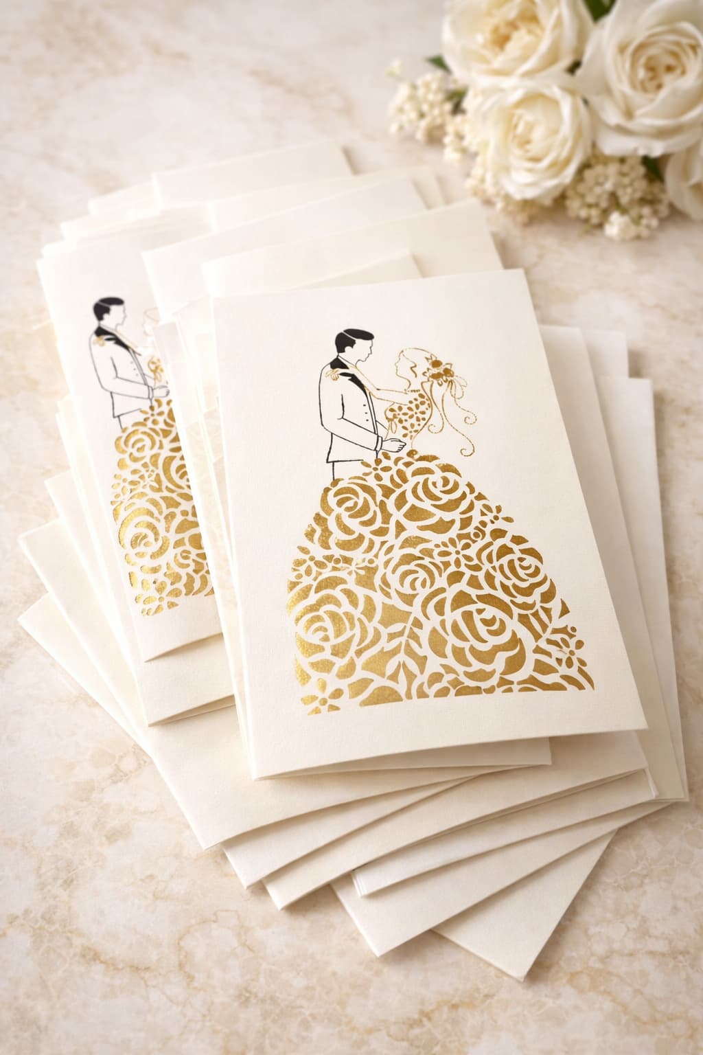 Lot de 25 faire-part mariage luxe – découpe florale dorée élégante