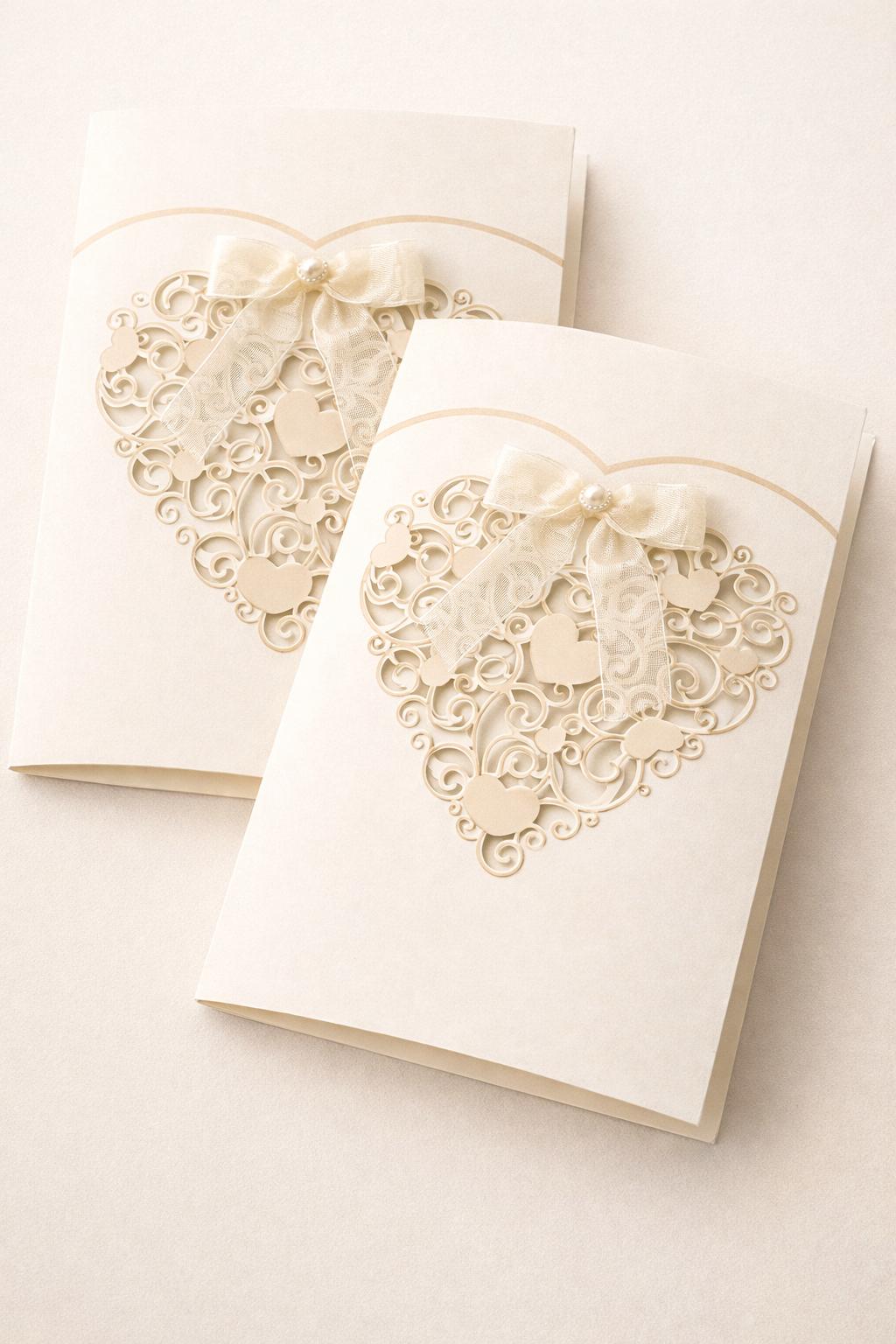 Faire-part mariage luxe ivoire – carte élégante découpée cœur avec ruban satin (lot de 25)