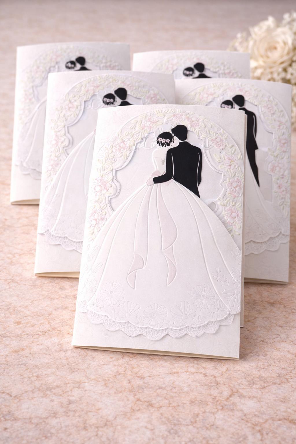 Faire-part mariage luxe robe de mariée – carte élégante relief avec dentelle et motifs floraux (lot de 25)